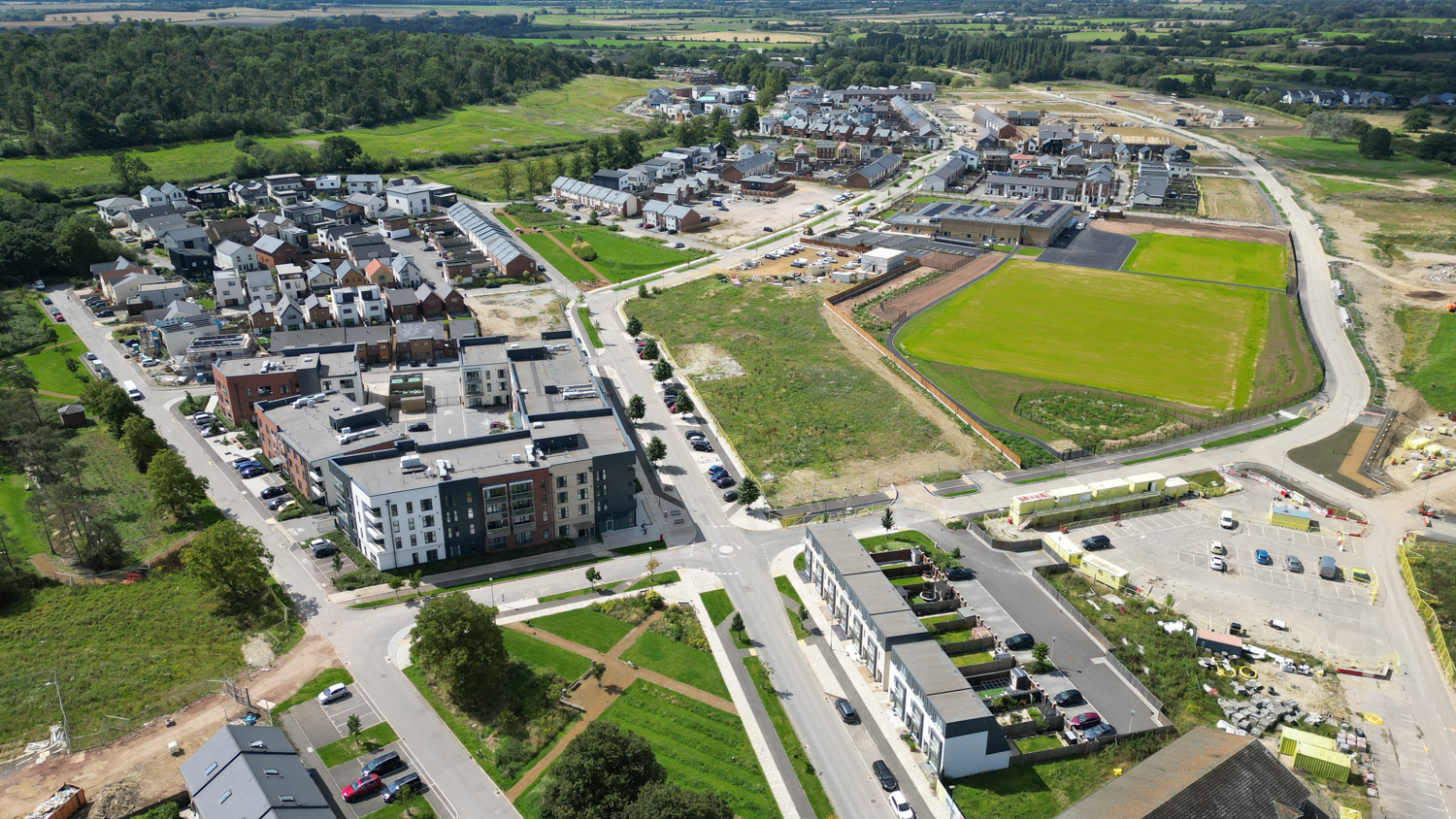 Aerial view of Graven Hill, Bicester, showing the former MOD site and its ongoing transformation into a major mixed-use development.